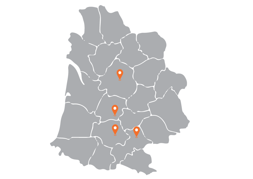 Carte des agences Concept Hygiène à Agen, Auch, Périgueux et Toulouse