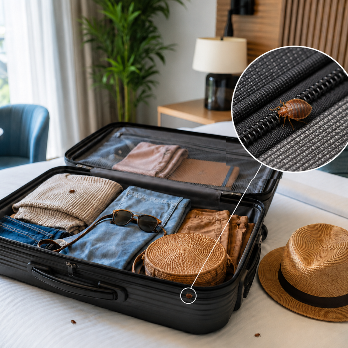 Valise fermée posée sur un porte-bagages dans une chambre d'hôtel