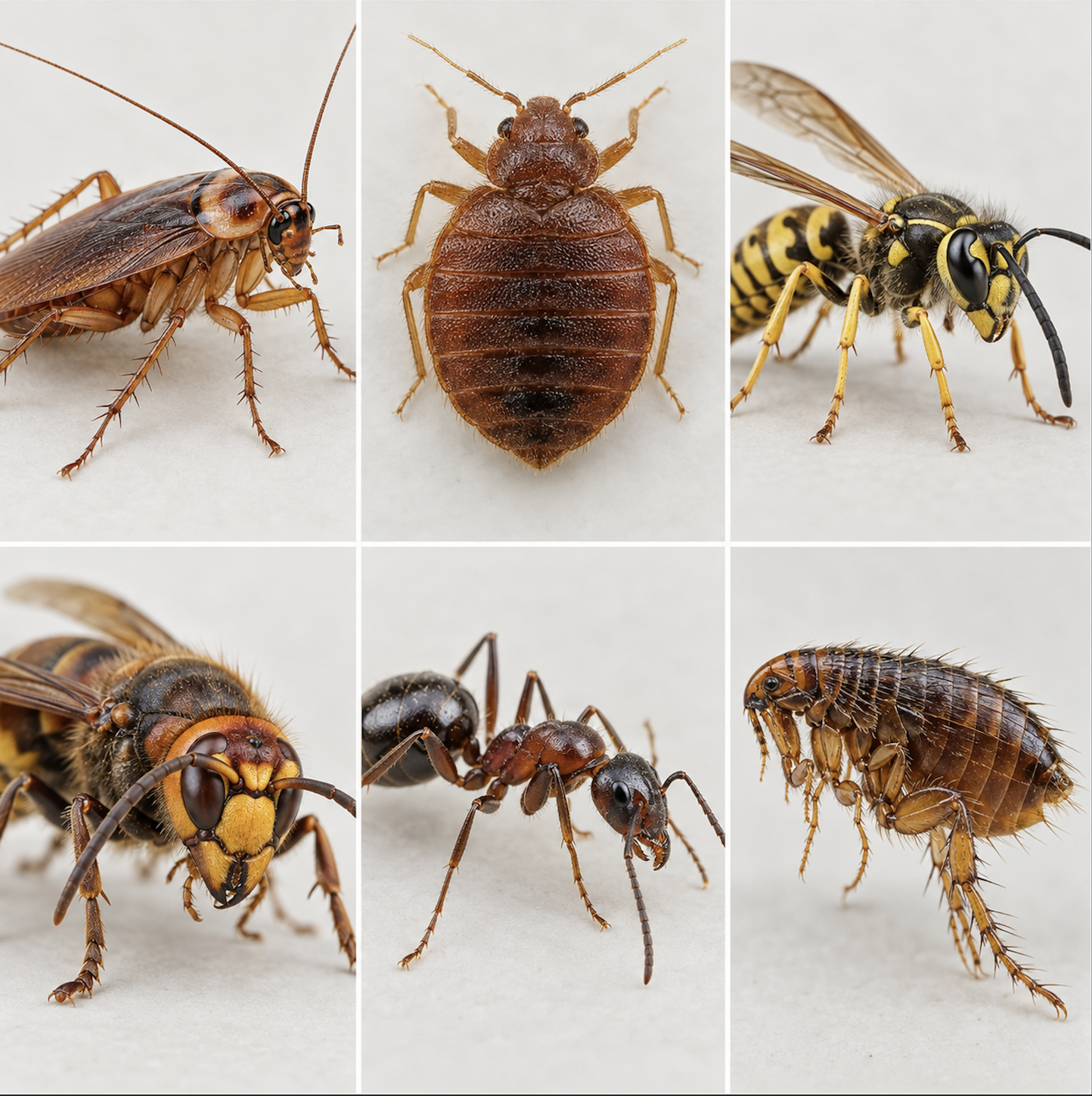 Planche des principaux insectes nuisibles : blatte, punaise de lit, guêpe, frelon, fourmi et puce