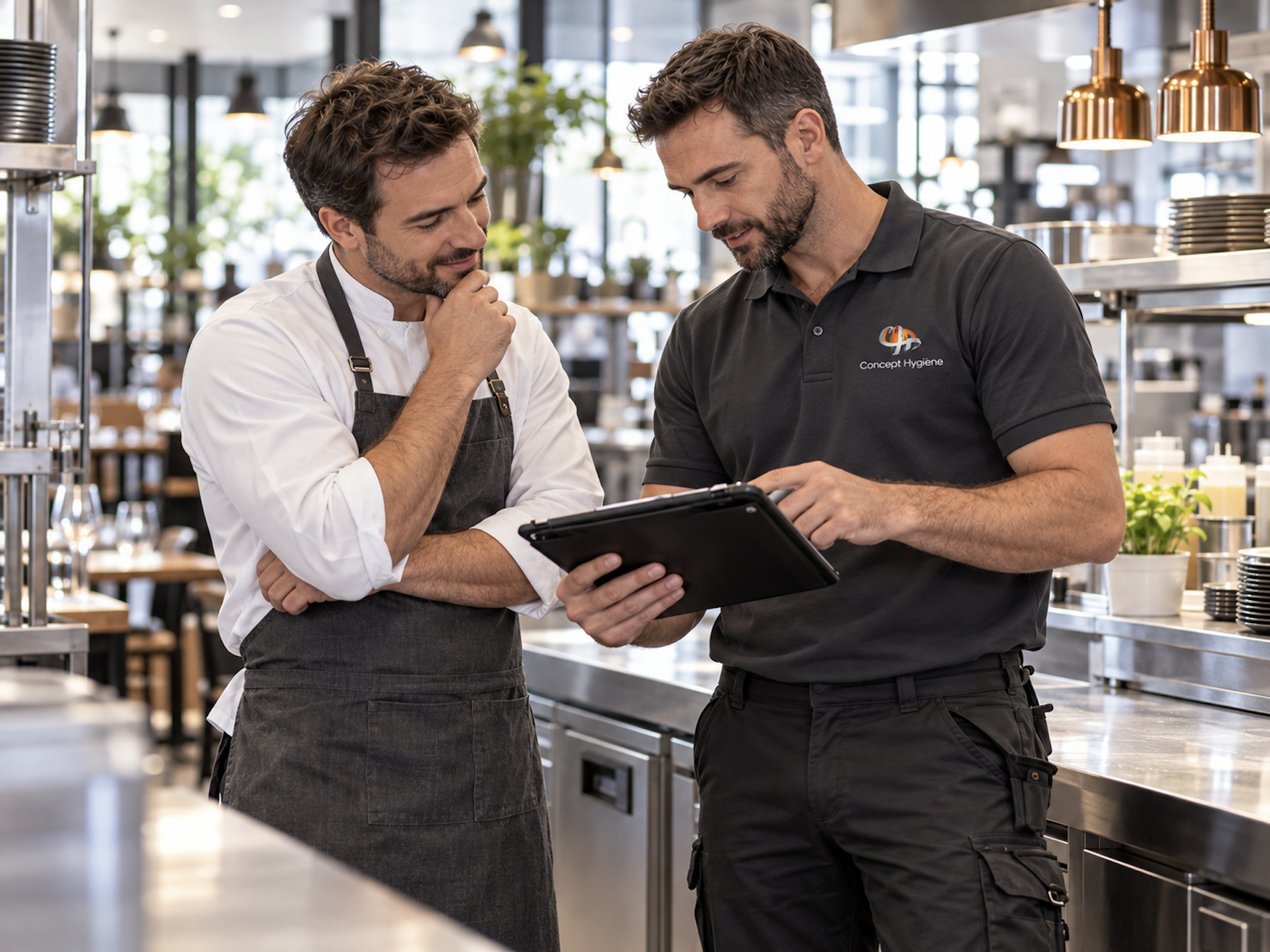 Technicien Concept Hygiène présentant le plan de traitement anti-cafards à un chef de cuisine